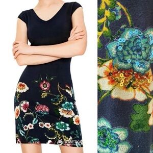 Desigual Mari Floral Mini Dress Sequin Detail Bodycon Knit Cap Sleeves Size Med